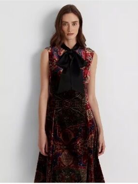 Lauren Ralph Lauren Velvet Paisley A-Line Dress with Black Silk Bow